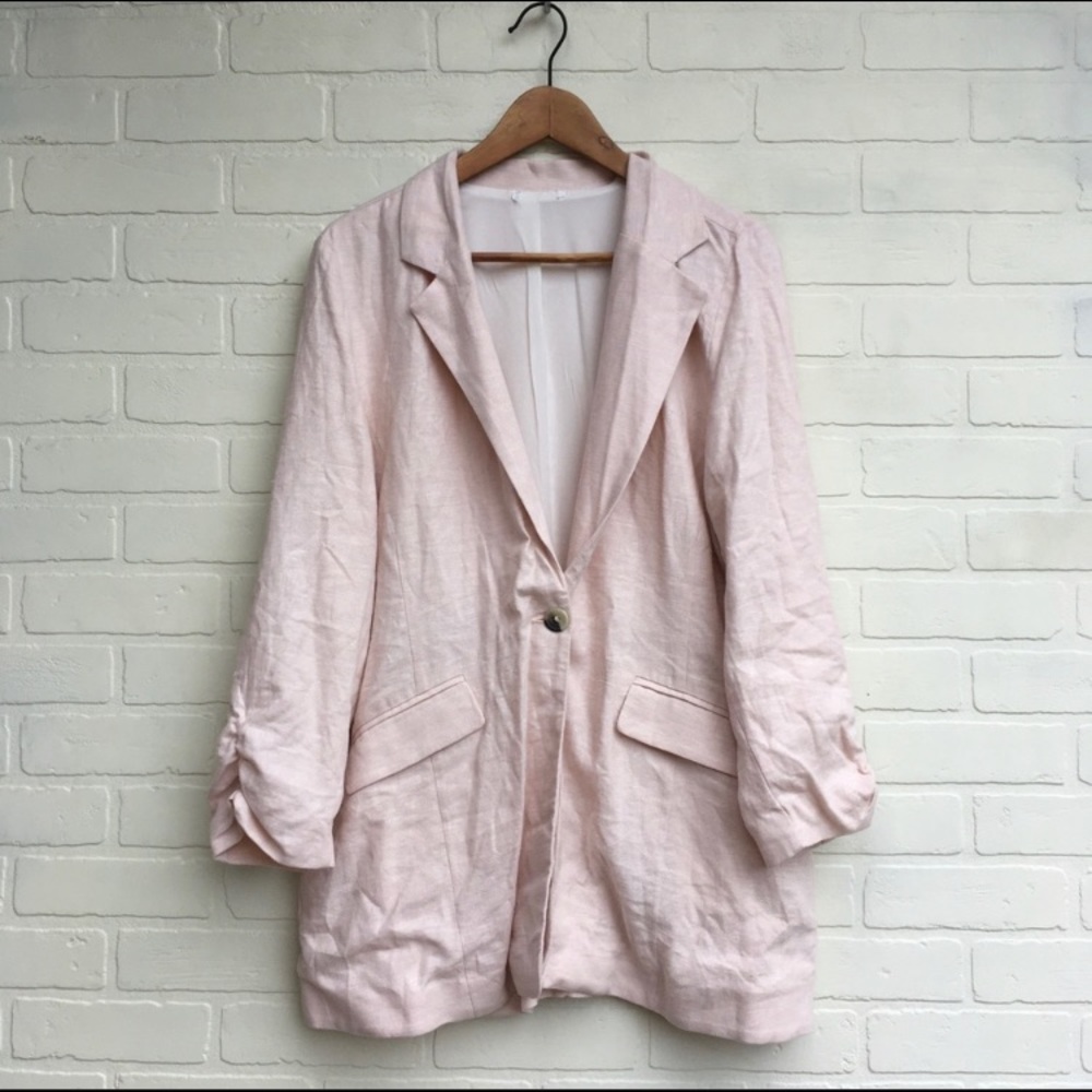 BP Pink Linen Blend Ruched Sleeve Blazer